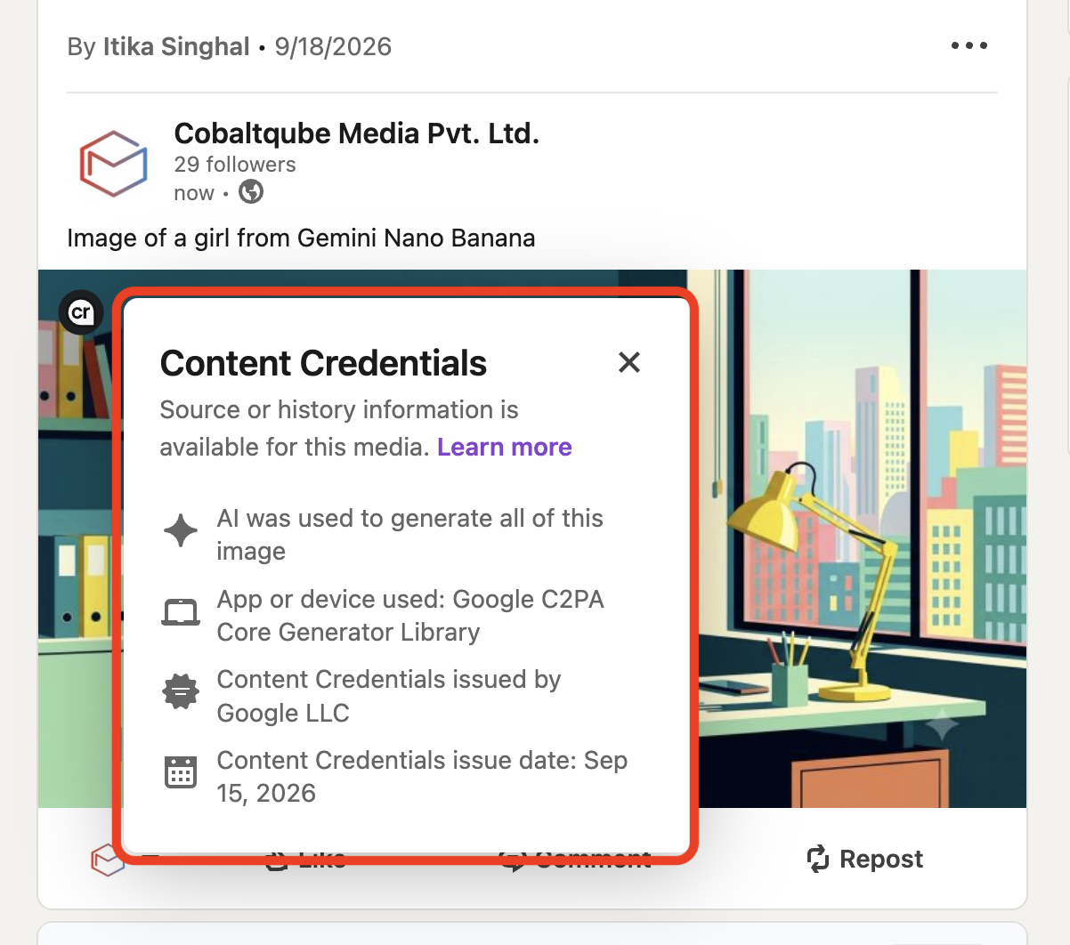 Content credentials displayed upon clicking on CR icon for a Gemini Nano Banana generated image uploaded to Linkedin